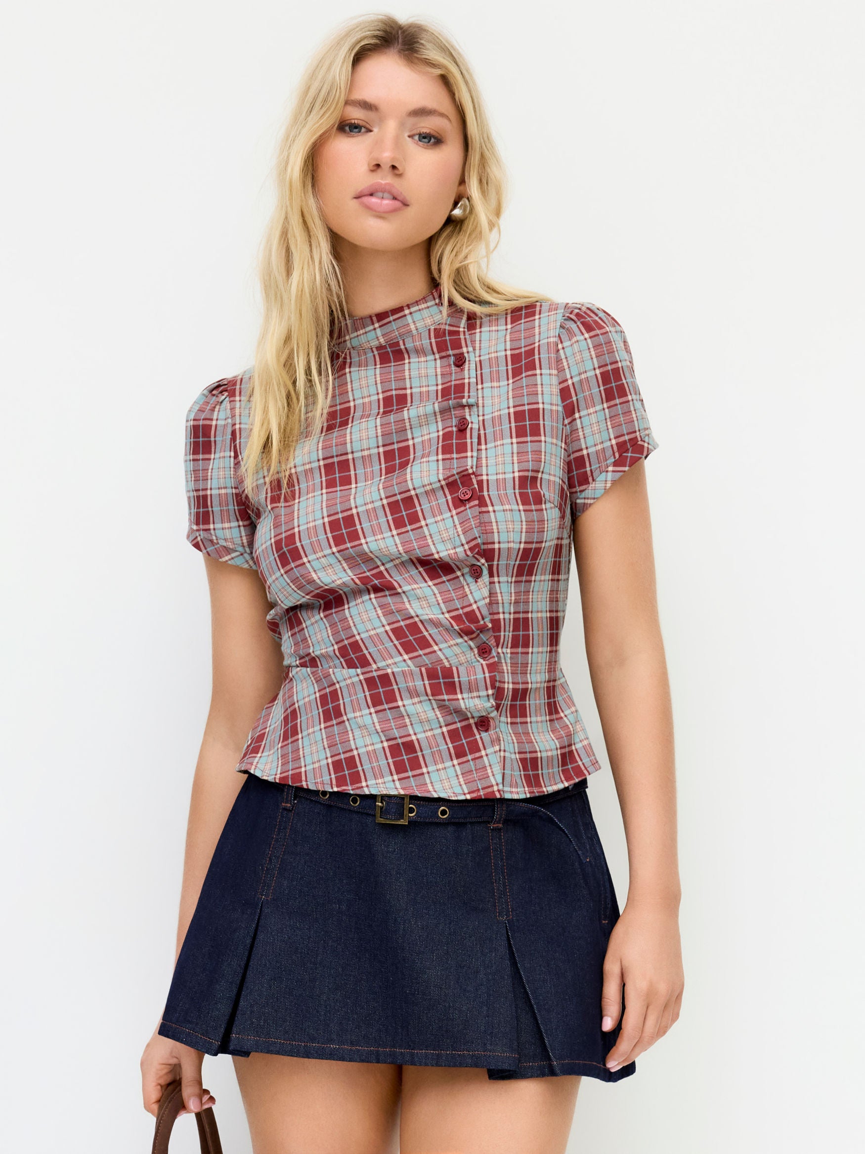 PLAID STAND COLLOR TOP
