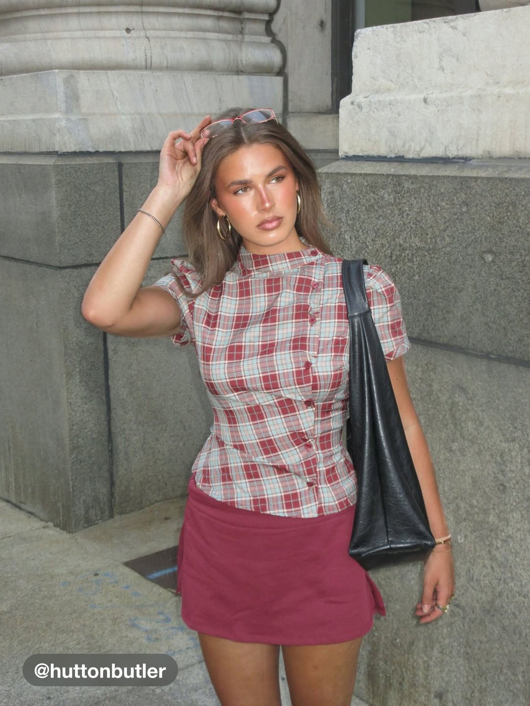 PLAID STAND COLLOR TOP